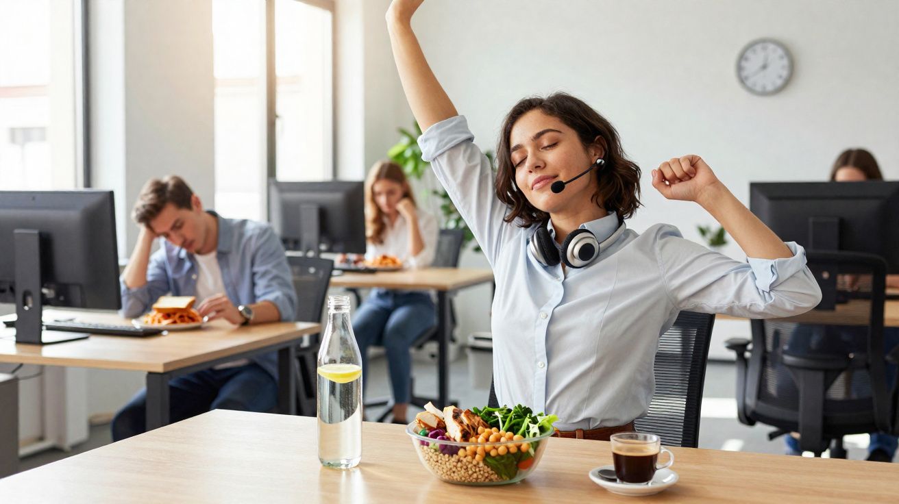 Mulher estica-se feliz durante pausa para refeição com salada e café numa sala de escritório com colegas ao fundo.
