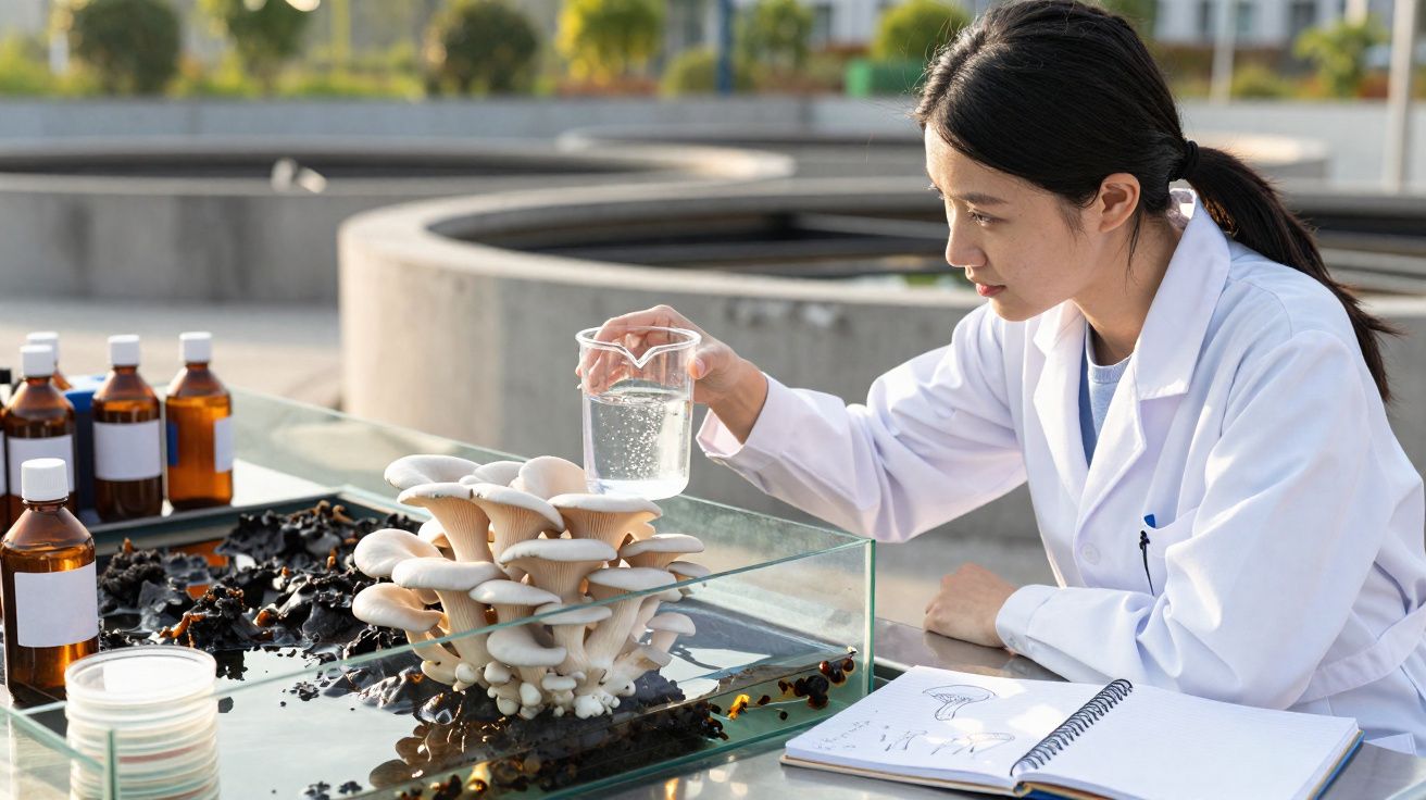 Cientista a regar cogumelos num laboratório ao ar livre, com frascos e caderno de anotações.