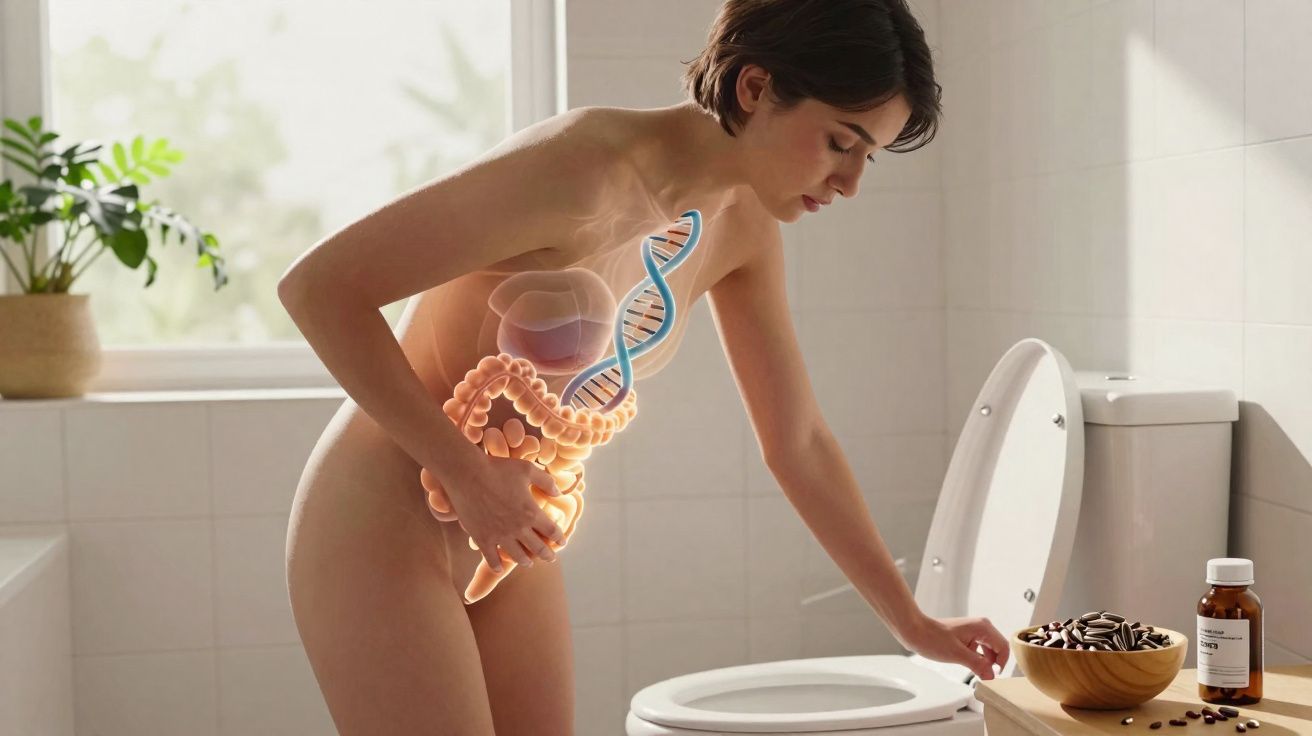Mulher com expressão de dor abdominal, segurando o estômago, perto da sanita, com ilustração do sistema digestivo.