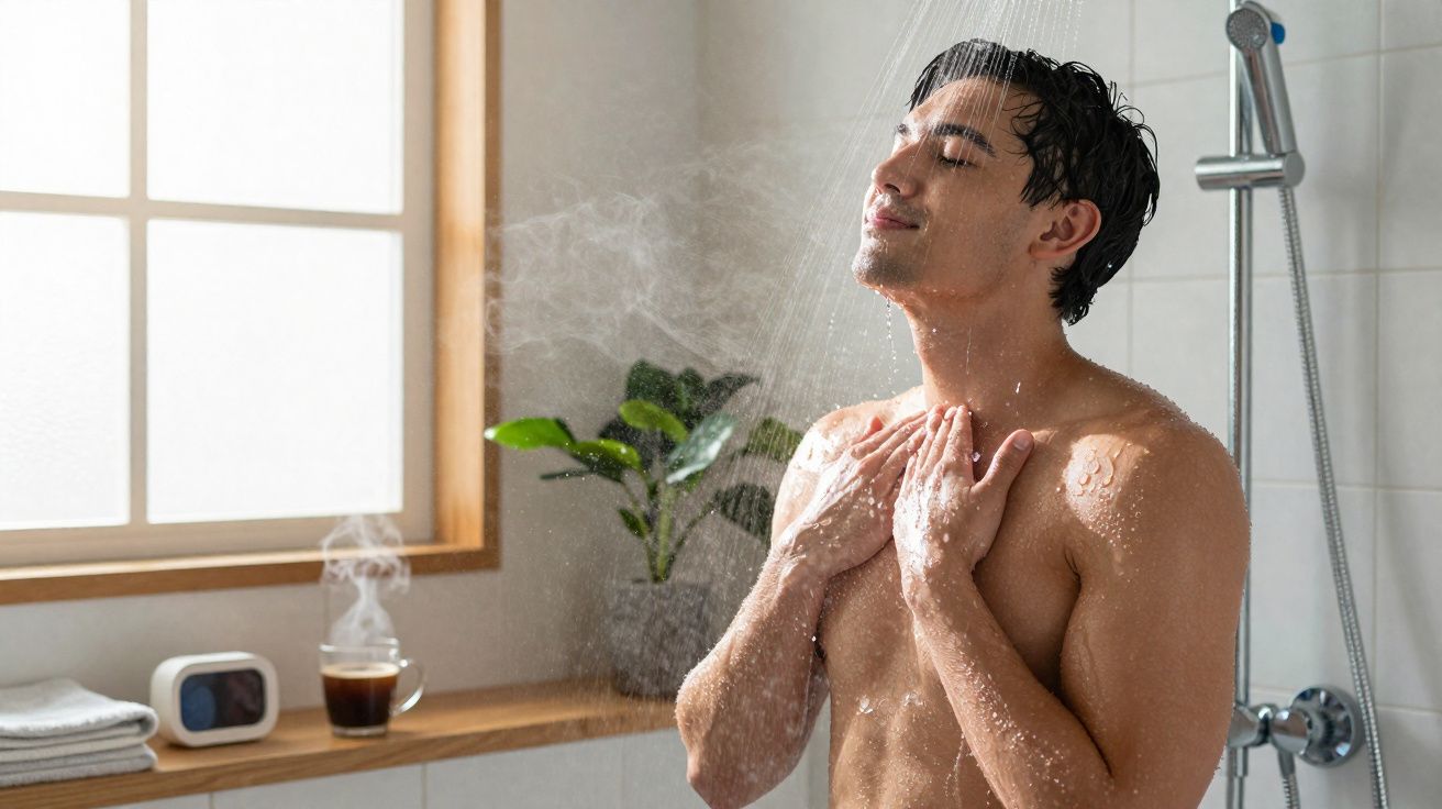 Homem tomanda duche quente relaxante num banheiro moderno com planta junto à janela.