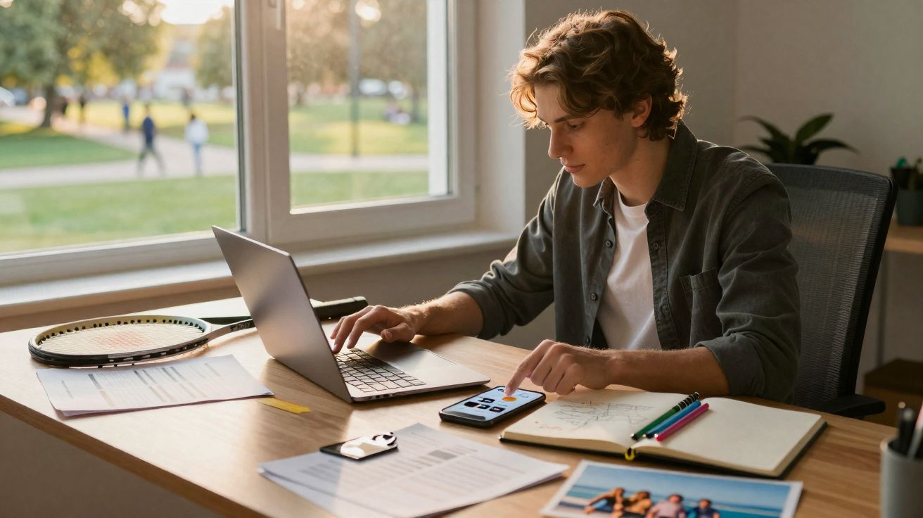 Jovem sentado à secretária a usar um computador portátil e um smartphone, com documentos e material de estudo à sua volta.