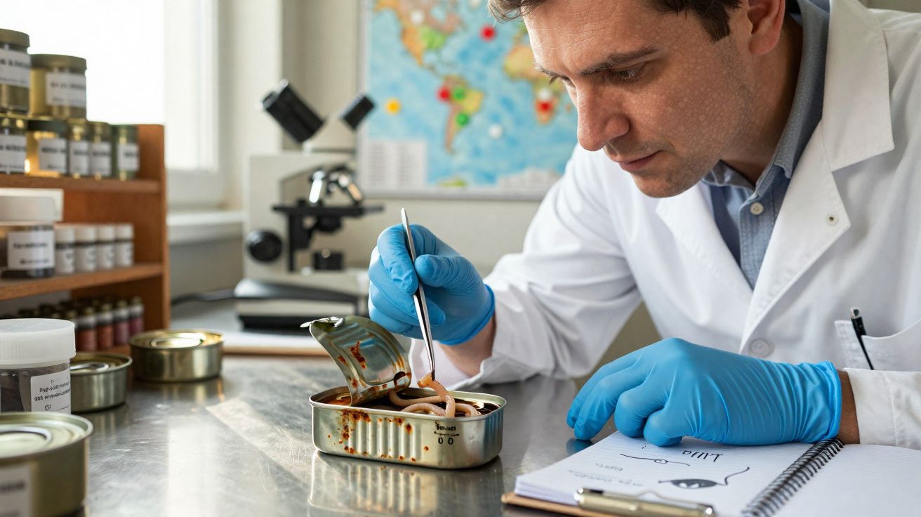 Cientista com bata e luvas azuis analisa amostra de lula em lata num laboratório.