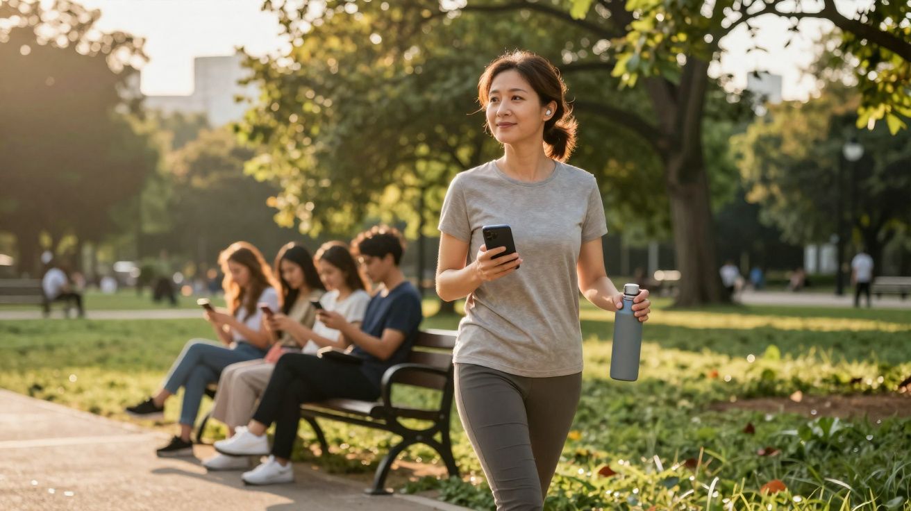 Mulher jovem a caminhar num parque com garrafa de água e telemóvel, grupo sentado no banco ao fundo.