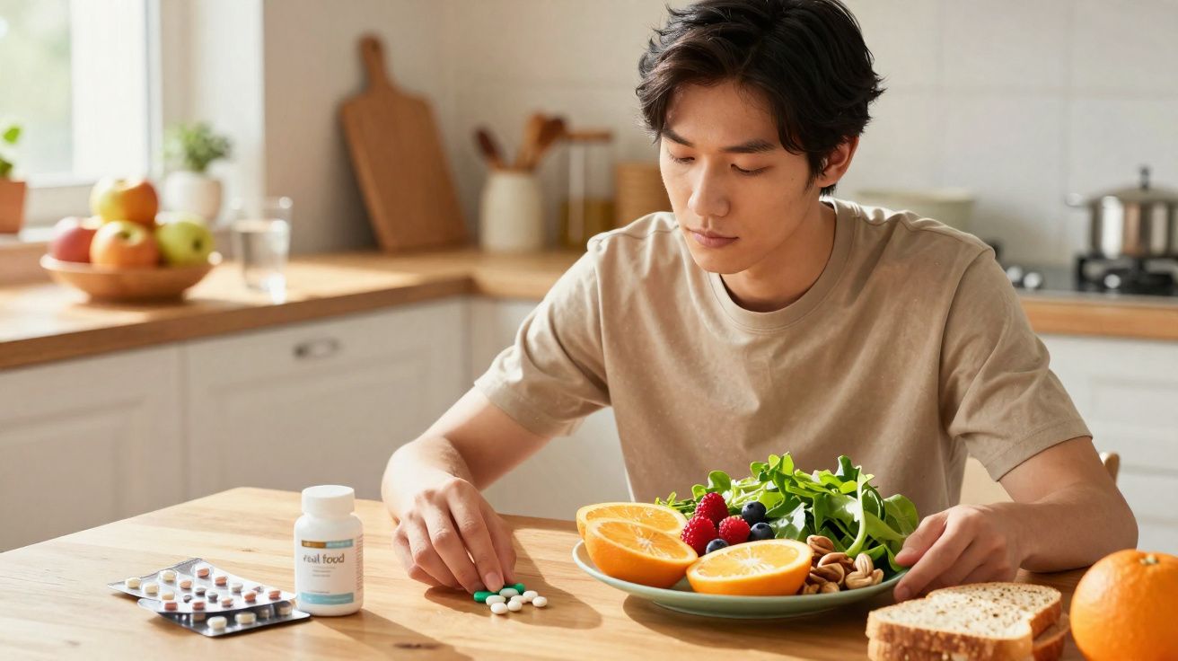 Jovem sentado à mesa com prato de frutas e vegetais, preparando-se para tomar comprimidos na cozinha.