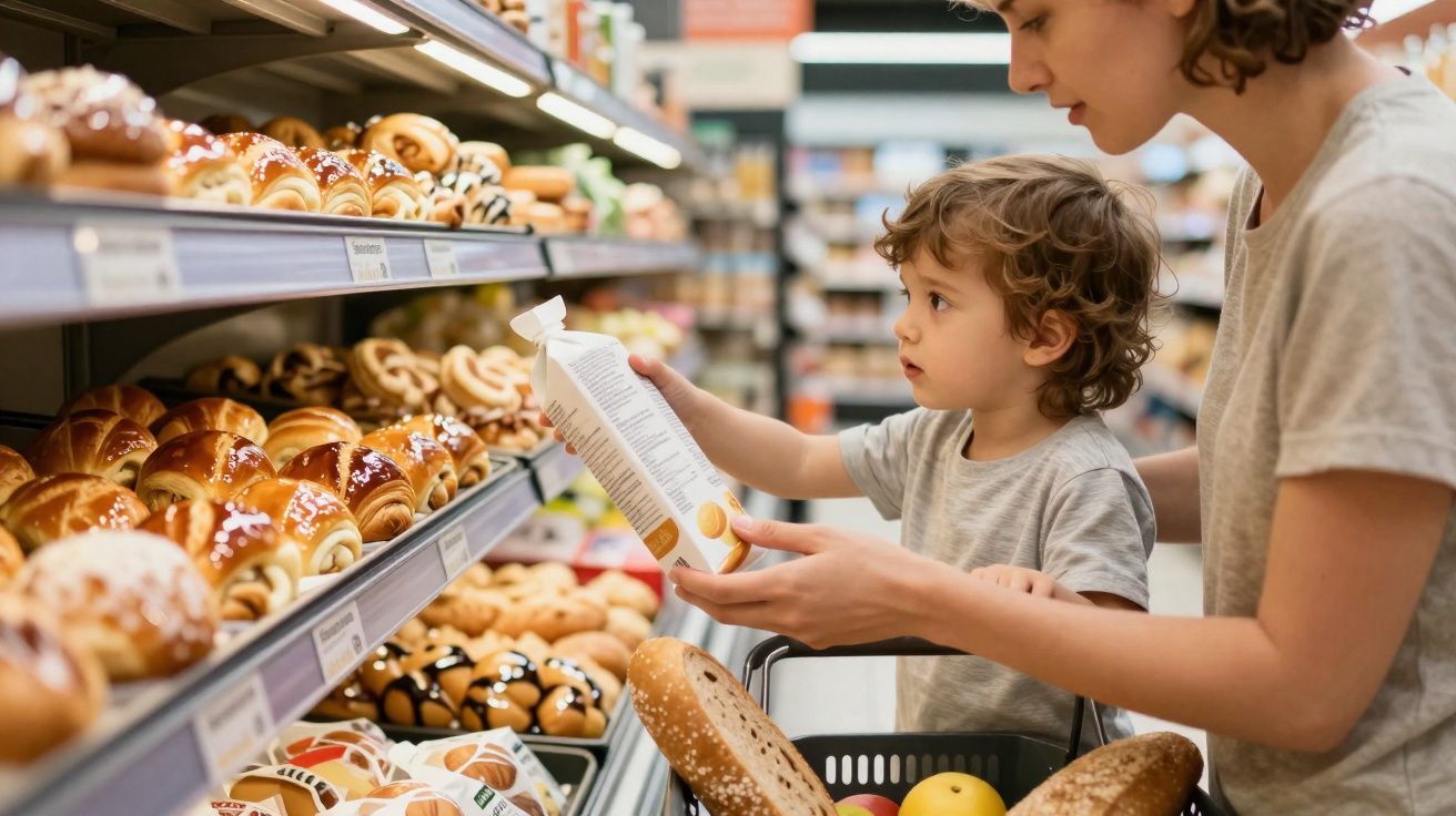 Criança com mãe a escolher produtos na secção de padaria de supermercado, com pão e frutas no carrinho.