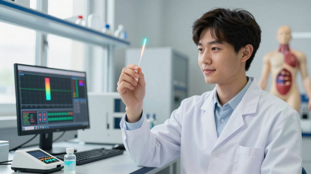 Cientista asiático em bata branca segurando bastão com chama em laboratório com computador e manequim anatómico.