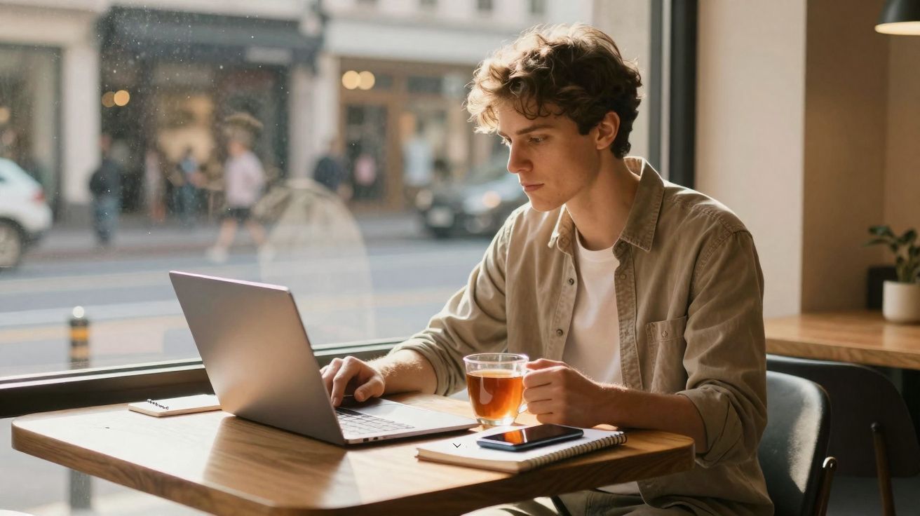 Jovem sentado num café, a usar portátil e a beber chá, com rua e passantes visíveis pela janela.