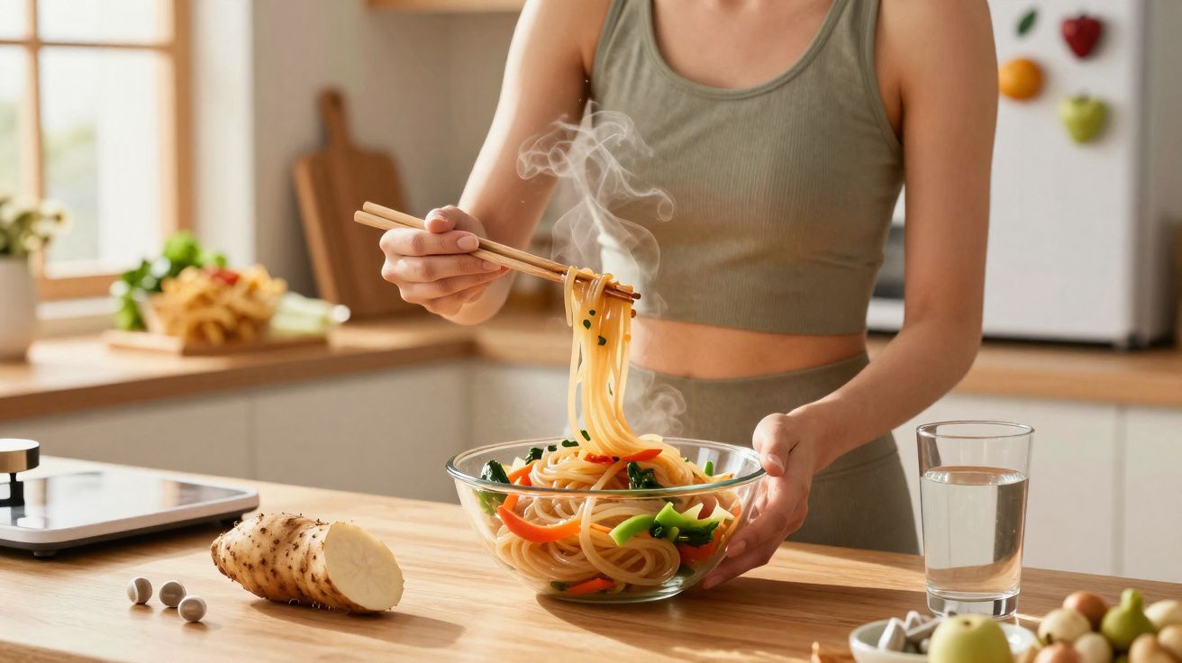 Pessoa a segurar com pauzinhos uma porção de noodles quentes com legumes numa tigela transparente na cozinha.