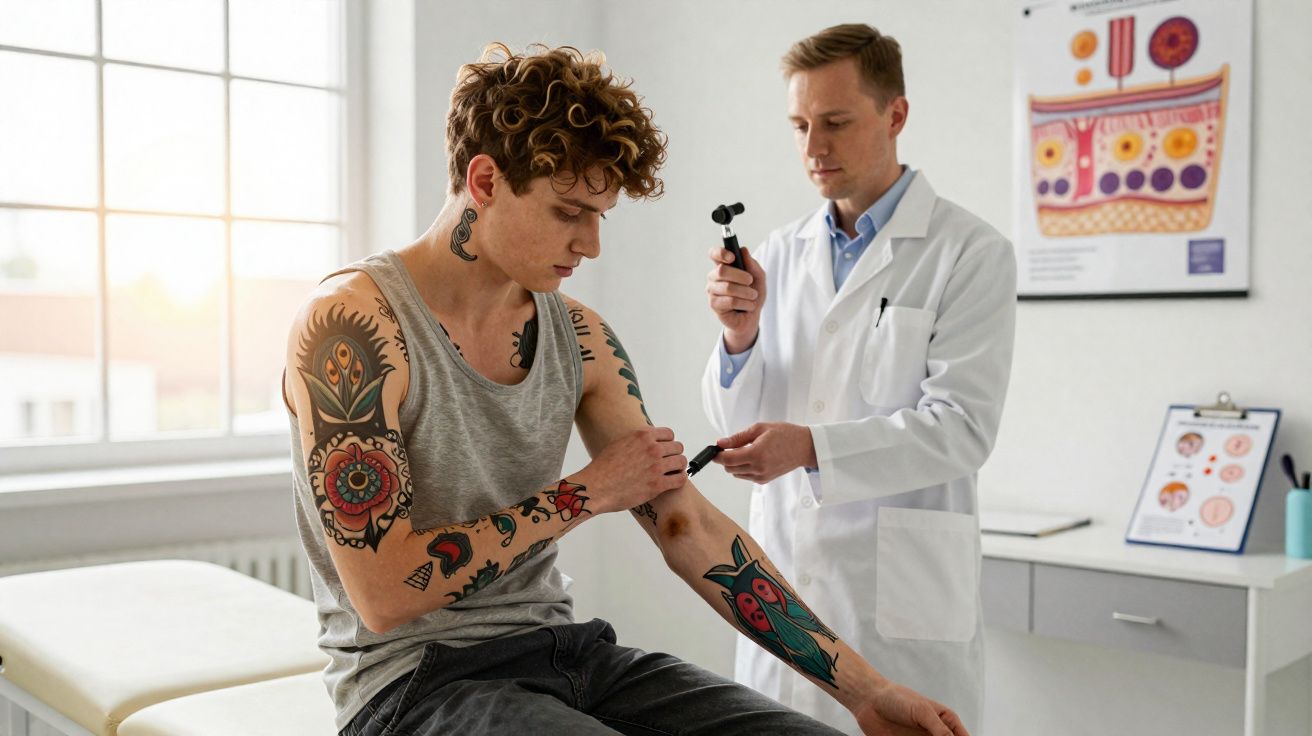 Jovem com várias tatuagens a ser examinado num consultório médico por um dermatologista com otoscópio.