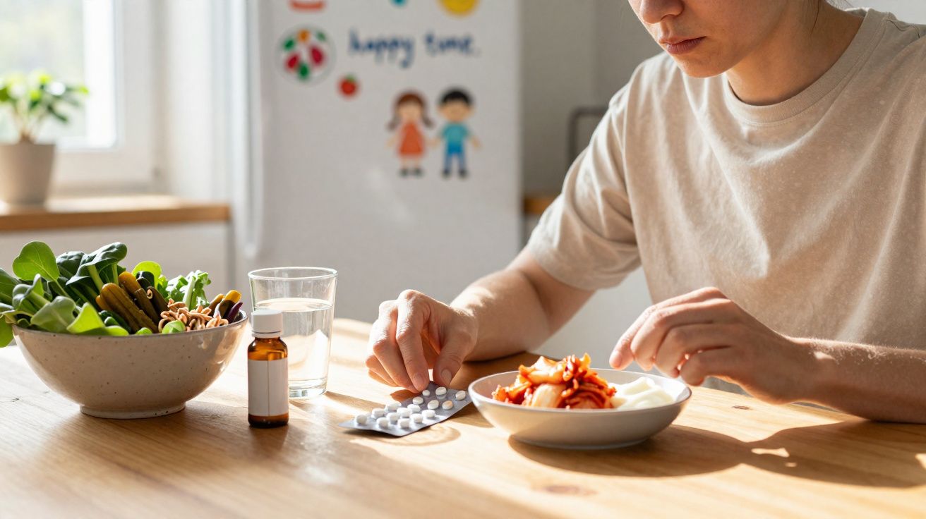 Pessoa sentada a tomar medicação com comida e salada numa mesa de madeira iluminada por luz natural.