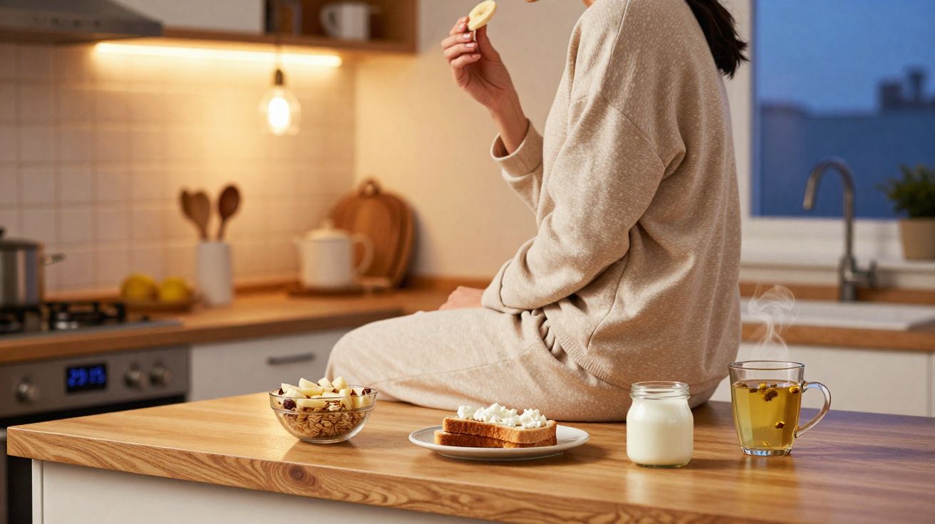 Pessoa sentada num balcão de cozinha a comer um snack, com chá, iogurte e petiscos à frente.