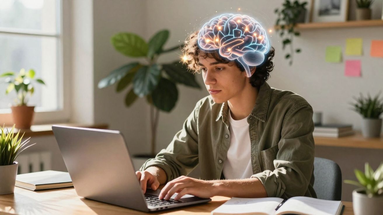 Jovem a trabalhar num computador portátil com ilustração digital de cérebro iluminado sobre a cabeça.