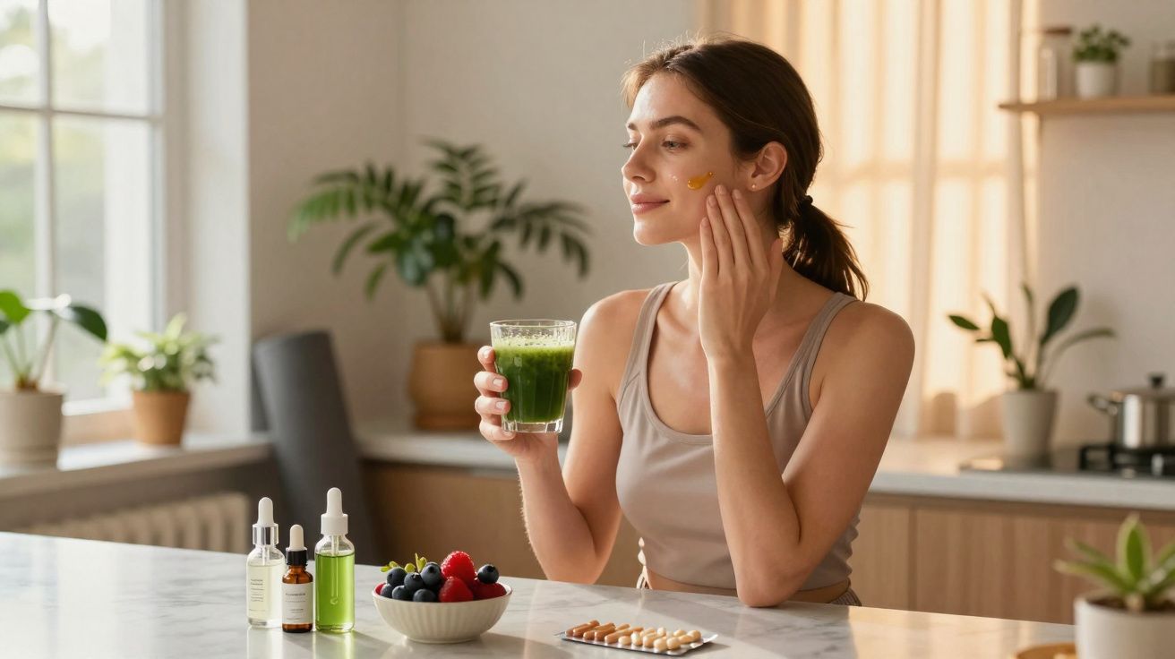 Mulher aplica creme no rosto e segura sumo verde, com frutas, suplementos e frascos de óleo na cozinha.