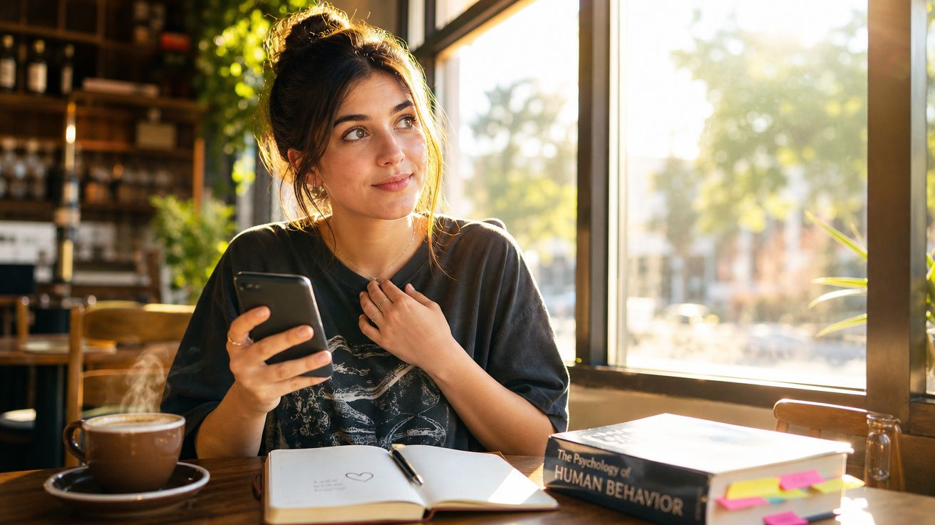 Mulher jovem a segurar telemóvel, sentada numa cafetaria com livro aberto e chá quente numa mesa iluminada por luz natural.