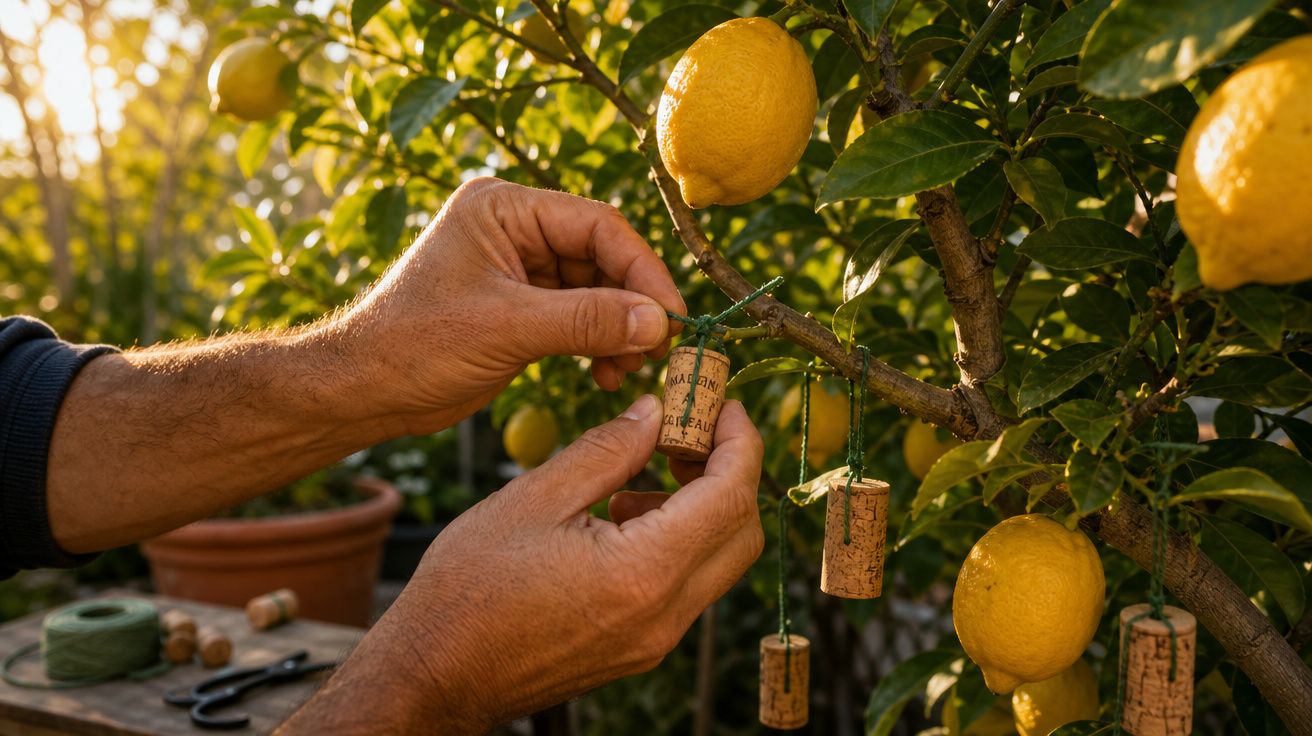 Mãos a pendurar rolhas de cortiça numa árvore de limão em ambiente de jardim ao entardecer.