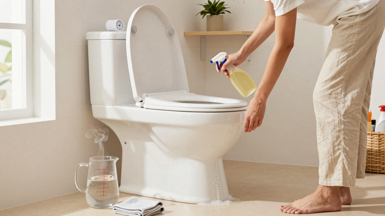 Pessoa limpa a sanita branca numa casa de banho luminosa com spray e vapor de água.