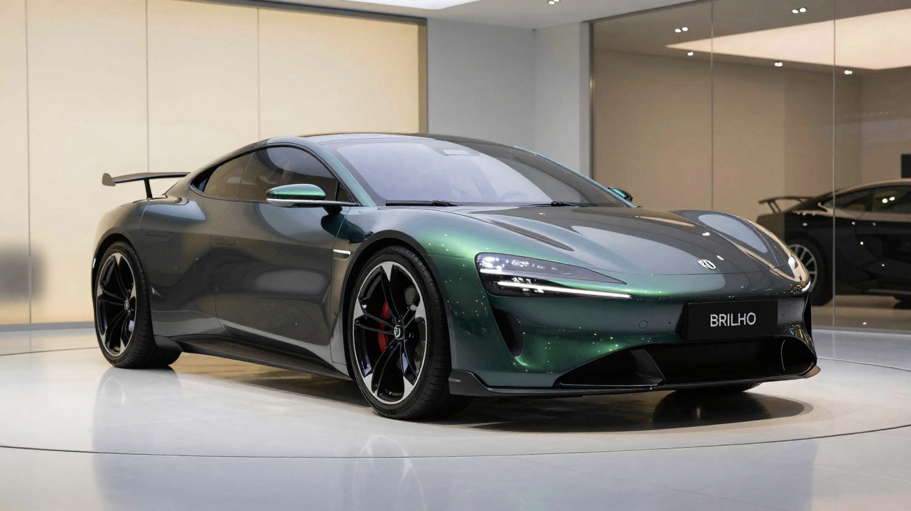 Carro desportivo elétrico verde metálico estacionado em sala moderna com espelho no fundo.
