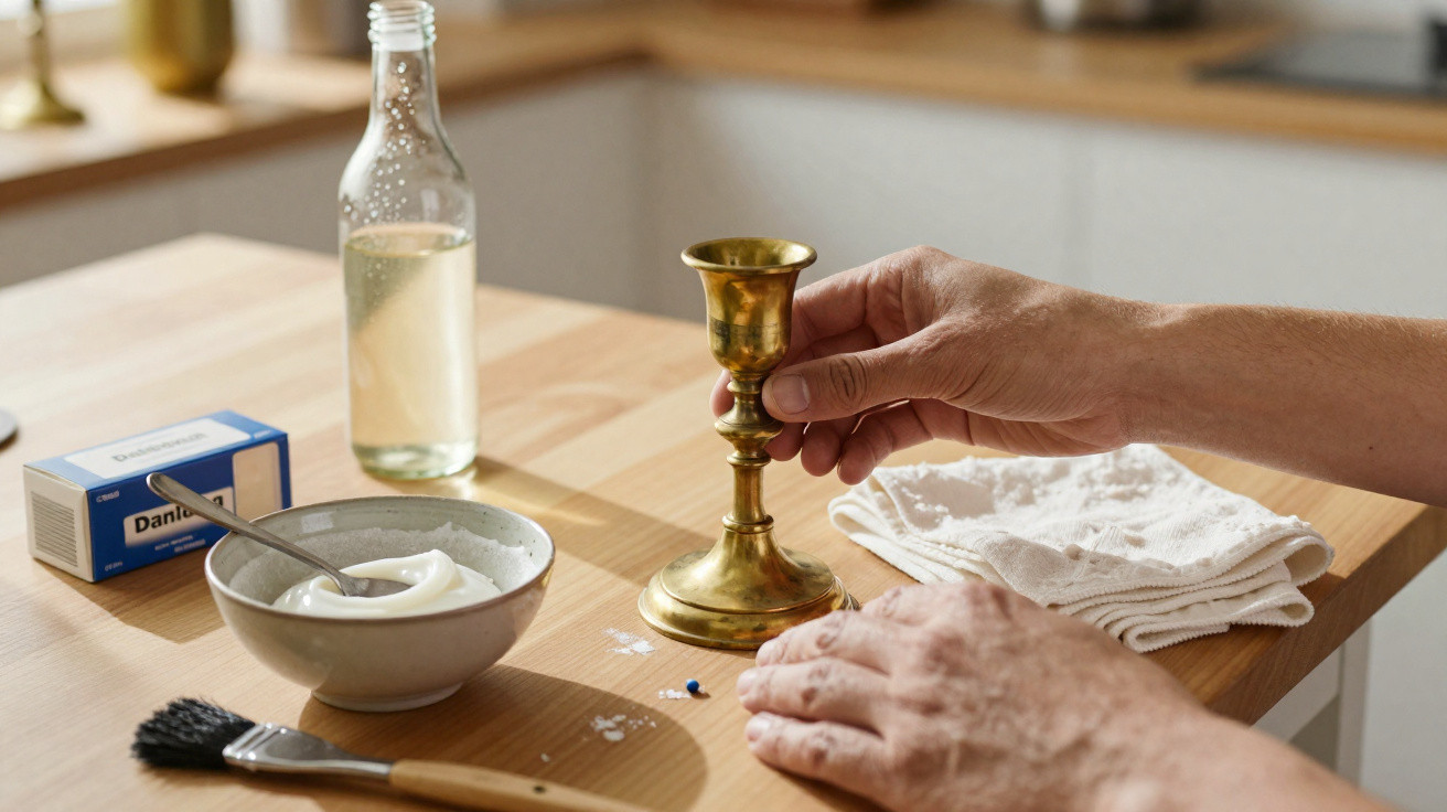 Mãos seguram castiçal dourado numa mesa com pincel, tigela, caixa, frasco e toalha branca.