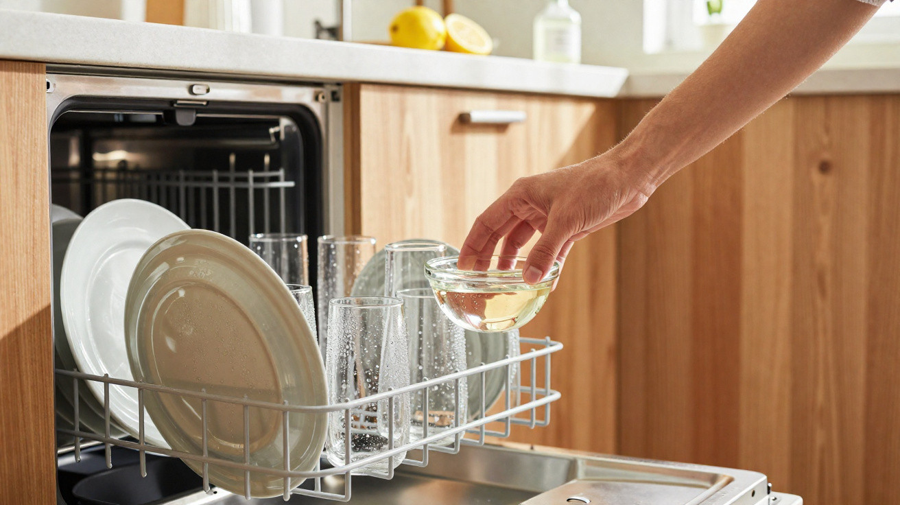 Mão a colocar um recipiente com líquido na máquina de lavar louça com pratos e copos no interior.