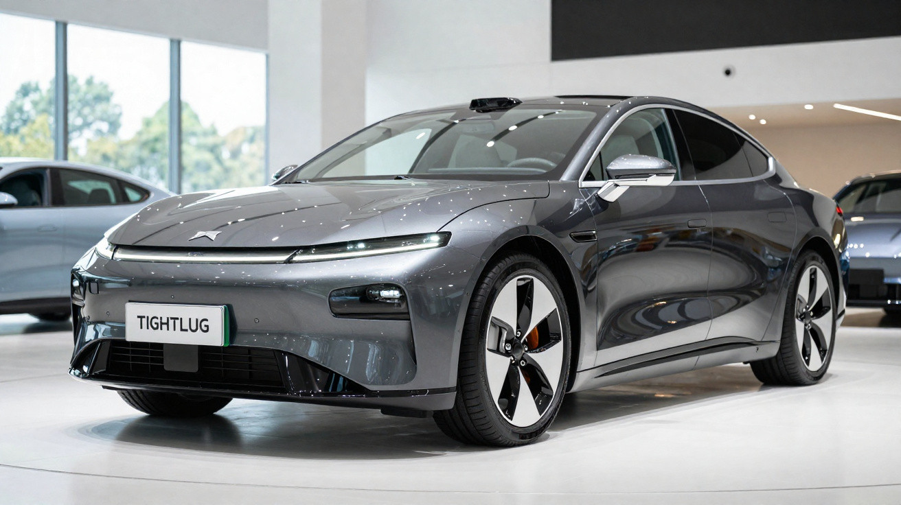 Carro elétrico cinza sofisticado em exposição num espaço interior moderno e luminoso.