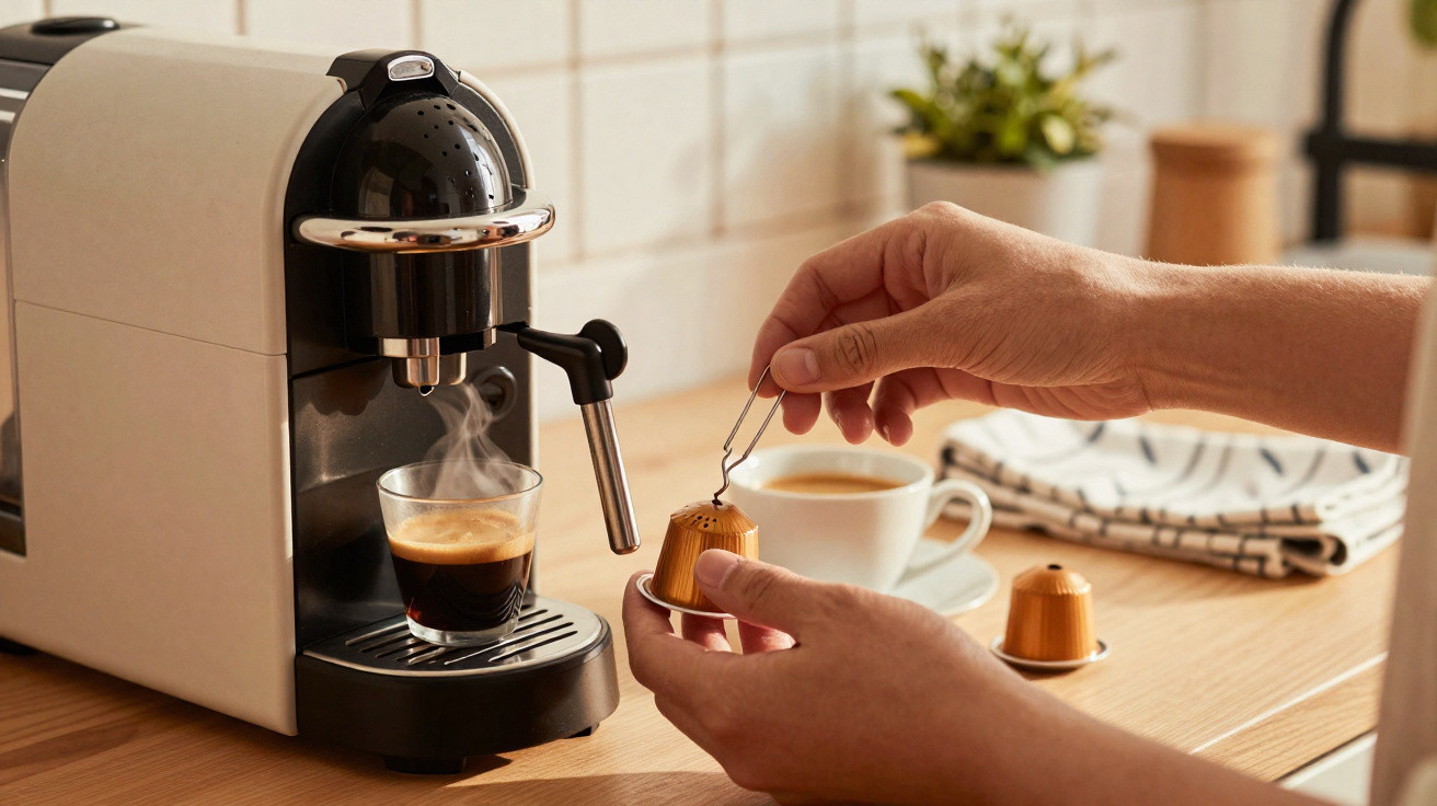 Máquina de café a preparar espresso com cápsulas douradas na mão de uma pessoa.