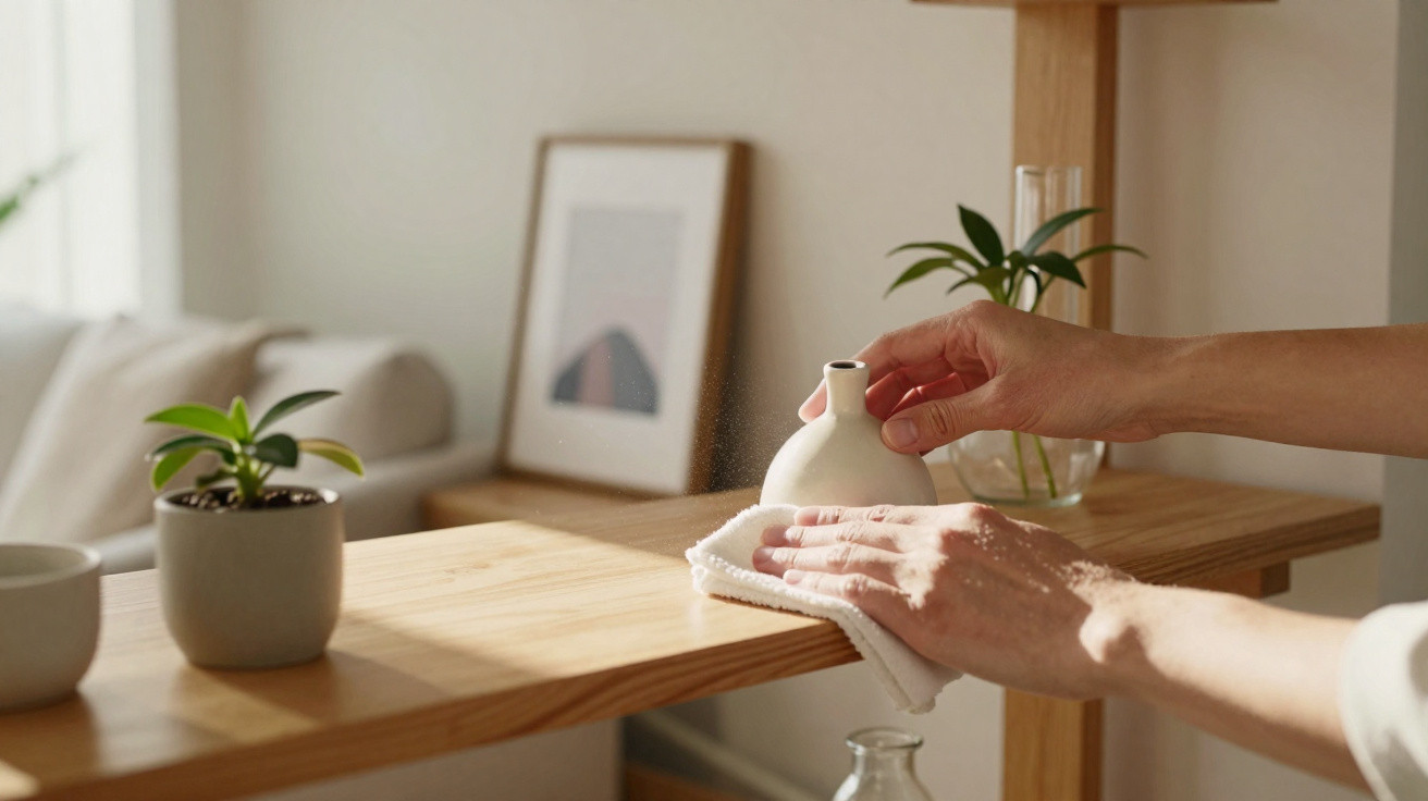 Mãos a limpar e colocar um pequeno vaso branco numa prateleira de madeira com plantas e decoração.