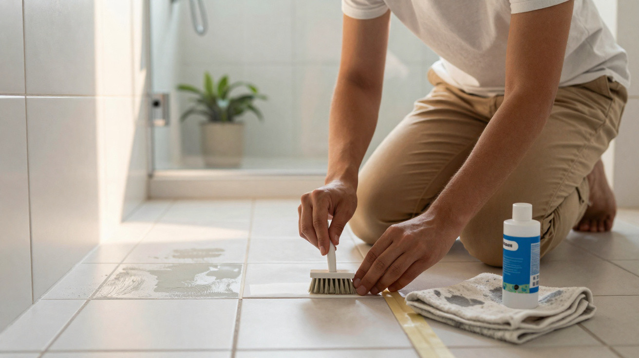 Pessoa a limpar juntas de azulejos brancos no chão com escova e produto de limpeza.