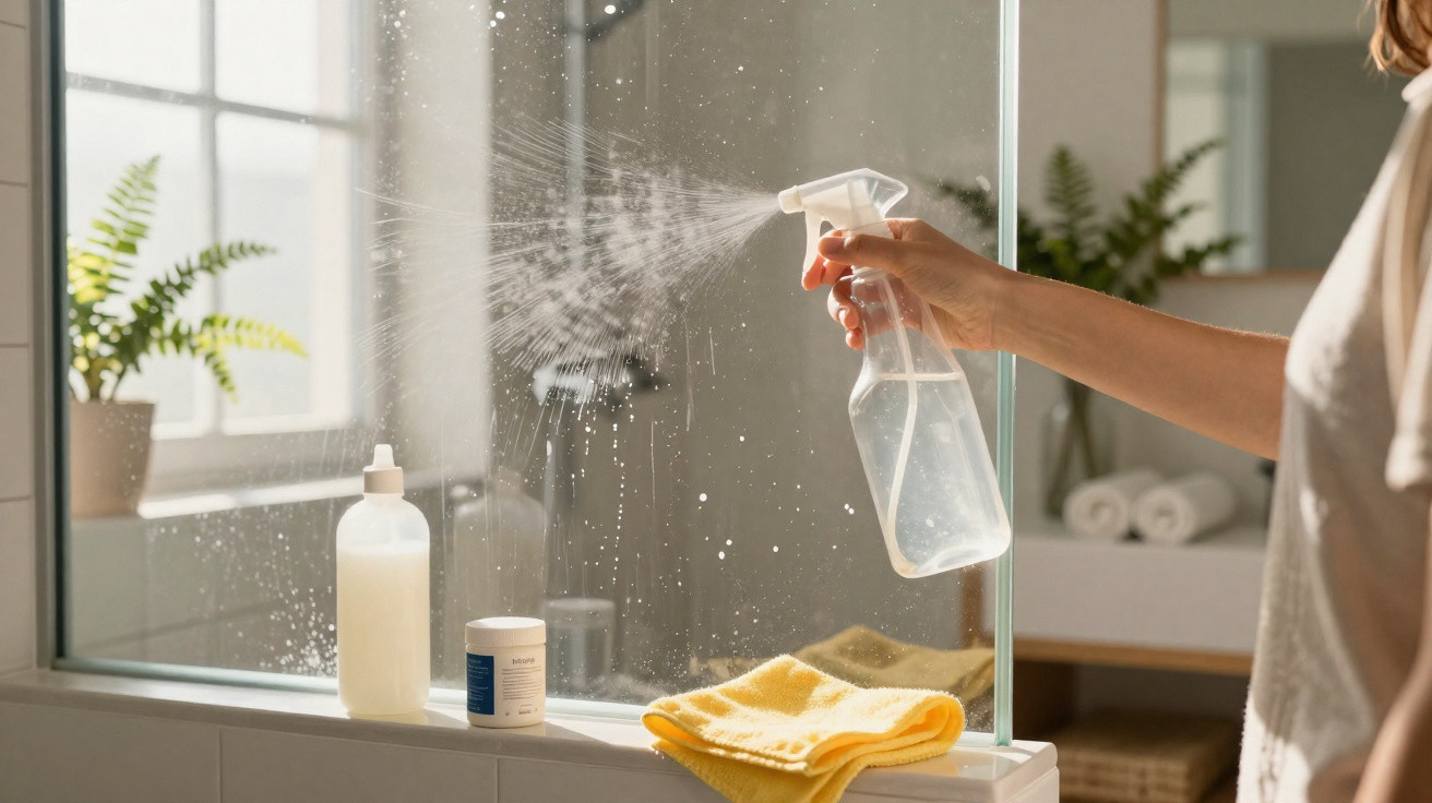 Pessoa a borrifar limpa vidros num espelho de casa de banho com toalha amarela pousada no lavatório.