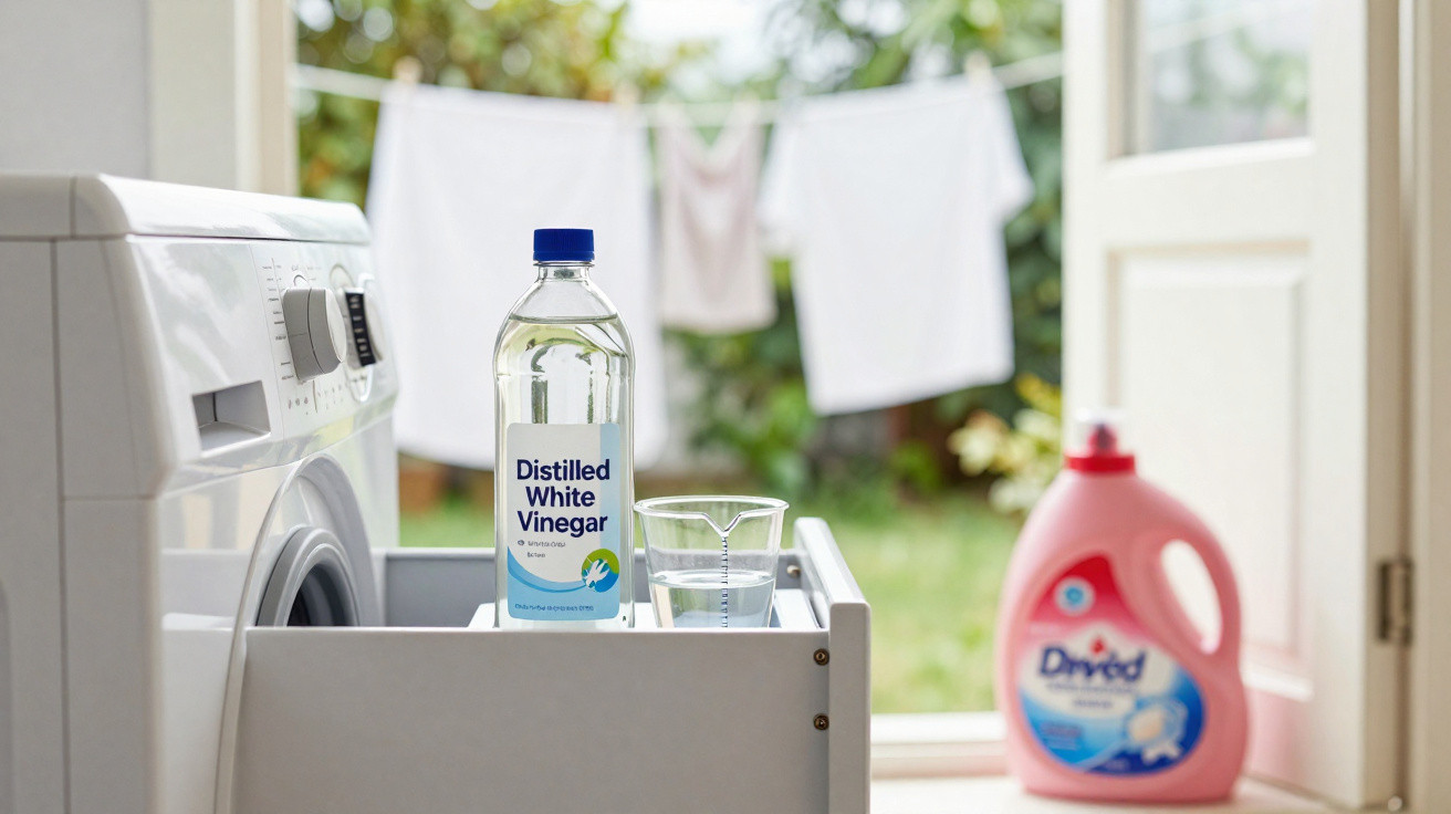 Garrafas de vinagre branco e detergente ao lado de máquina de lavar roupa numa lavandaria com roupa pendurada ao fundo.