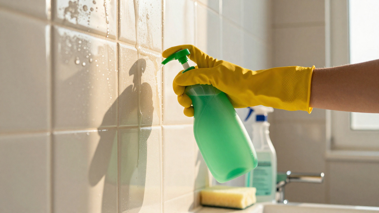 Pessoa com luva amarela a pulverizar produto de limpeza numa parede de azulejos brancos num casa de banho.