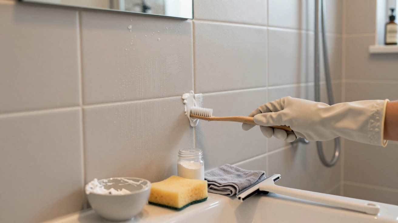 Mão com luva a usar escova para limpar azulejo branco de casa de banho com esponja e detergente na bancada.