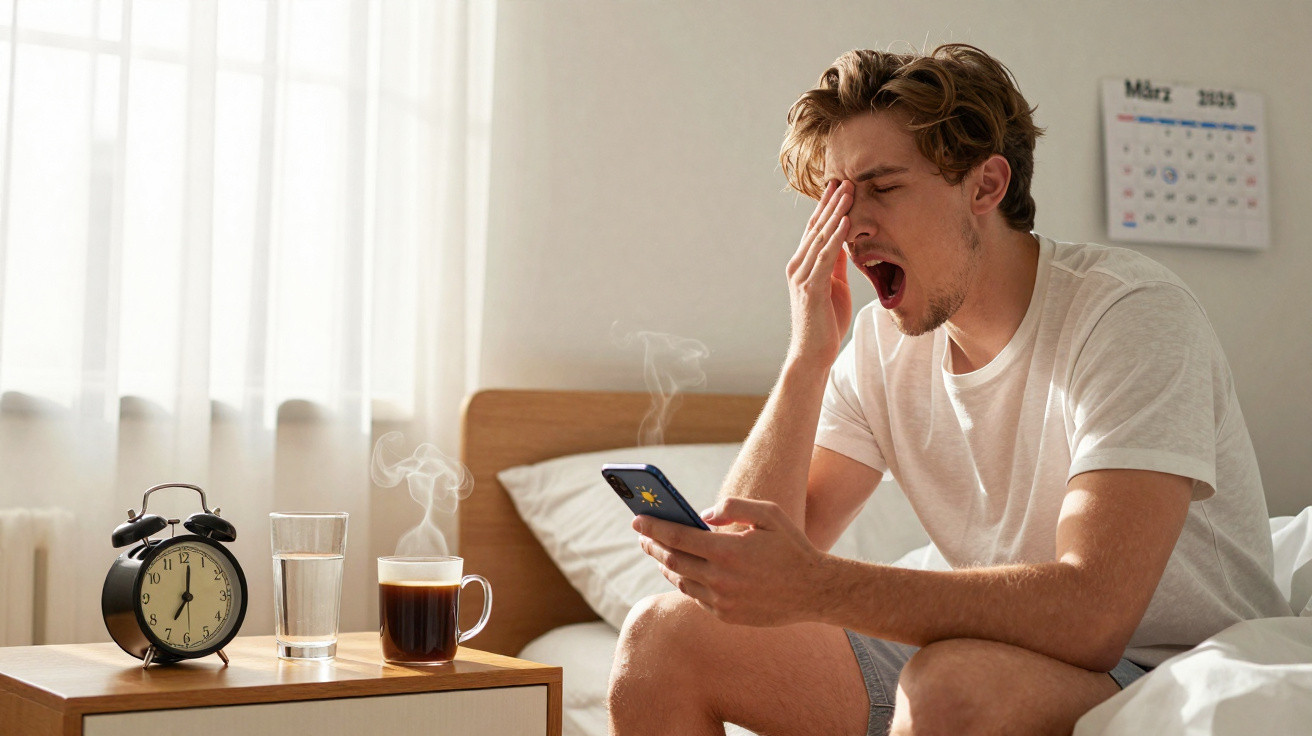 Homem sentado na cama a bocejar, segurando telemóvel, com café, copo de água e despertador na mesa ao lado.