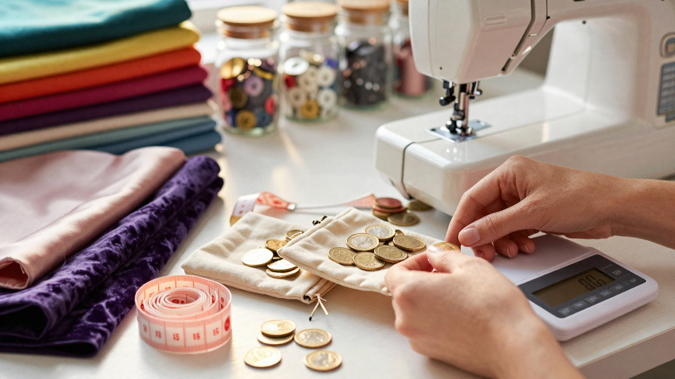 Mãos a contar moedas sobre uma mesa com máquina de costura, tecidos, fita métrica e frascos com botões.