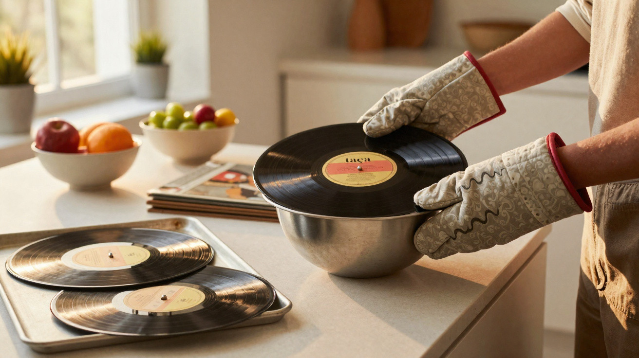 Pessoa a limpar discos de vinil com luvas e uma taça metálica numa cozinha iluminada pela luz natural.