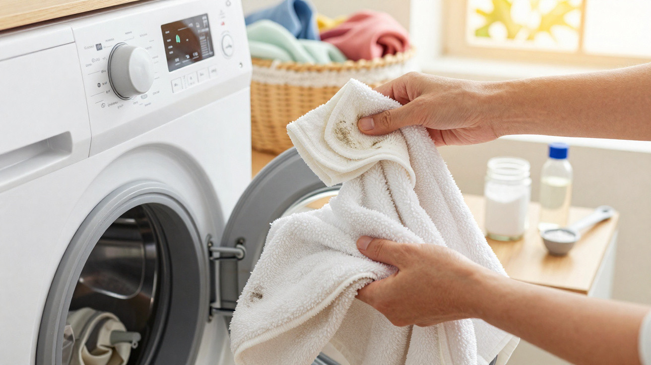 Mãos seguram toalha branca suja junto a máquina de lavar roupa aberta numa lavandaria com cesto e produtos ao fundo.