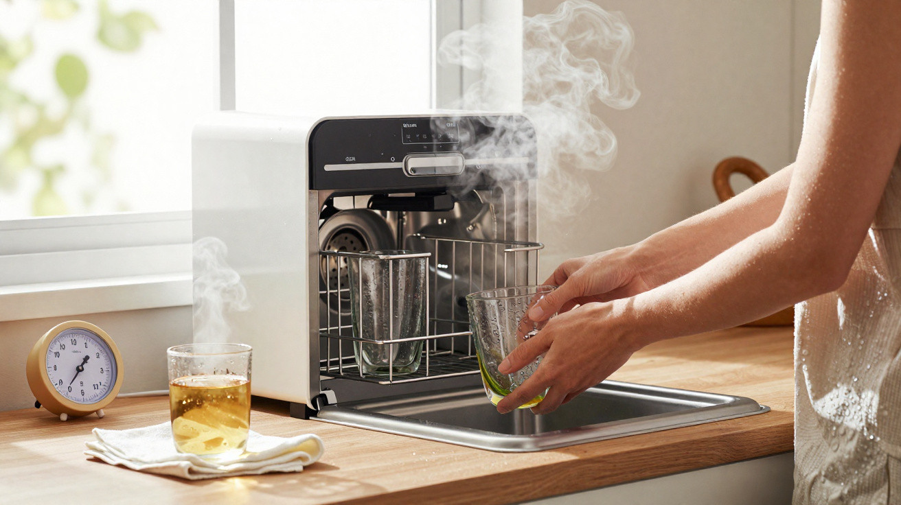Máquina de lavar copos compacta a vapor com duas taças dentro e mãos a retirar copo húmido.