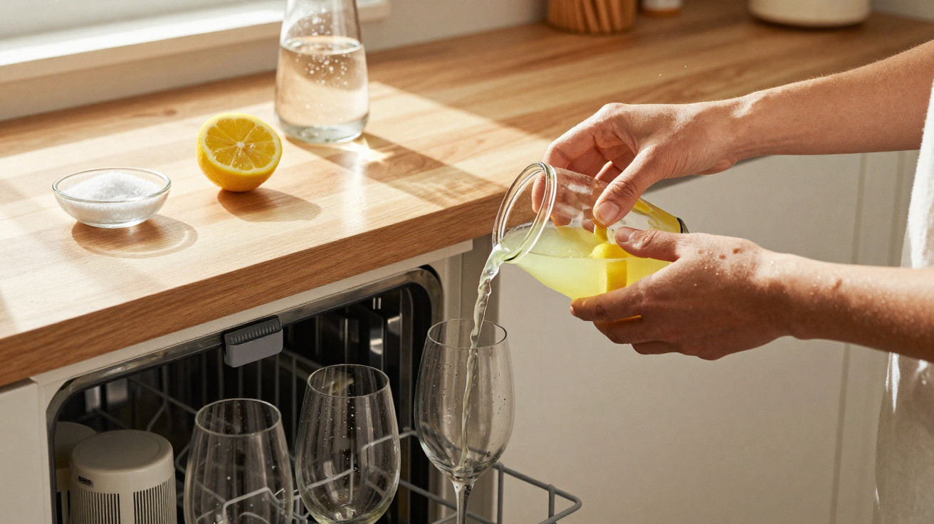 Pessoa a servir limonada num copo de vidro na cozinha com limão e açúcar na bancada.