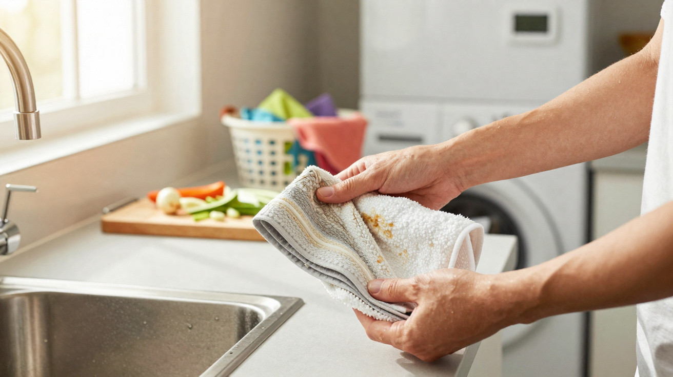 Pessoa a segurar um pano de cozinha sujo junto à bancada da cozinha com máquina de lavar roupa ao fundo.
