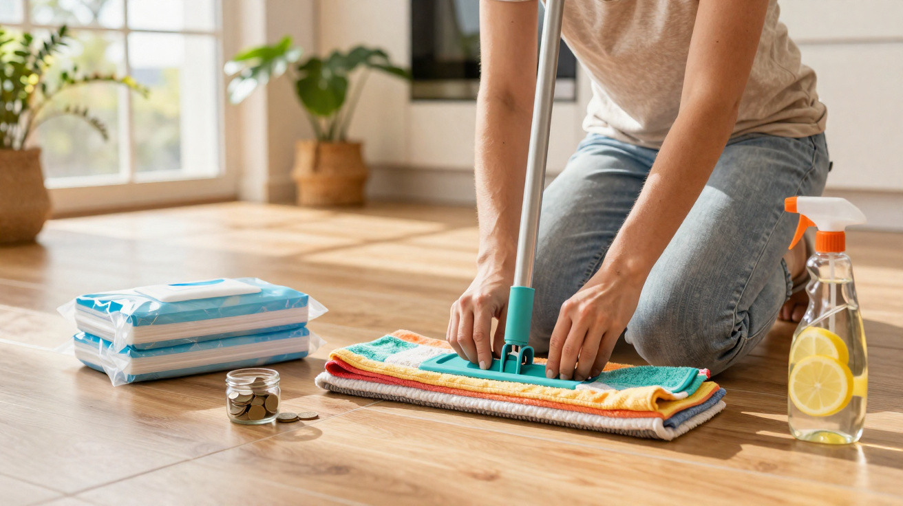 Pessoa a limpar chão com esfregona, ao lado de panos, moedas num frasco e frasco spray com limão.