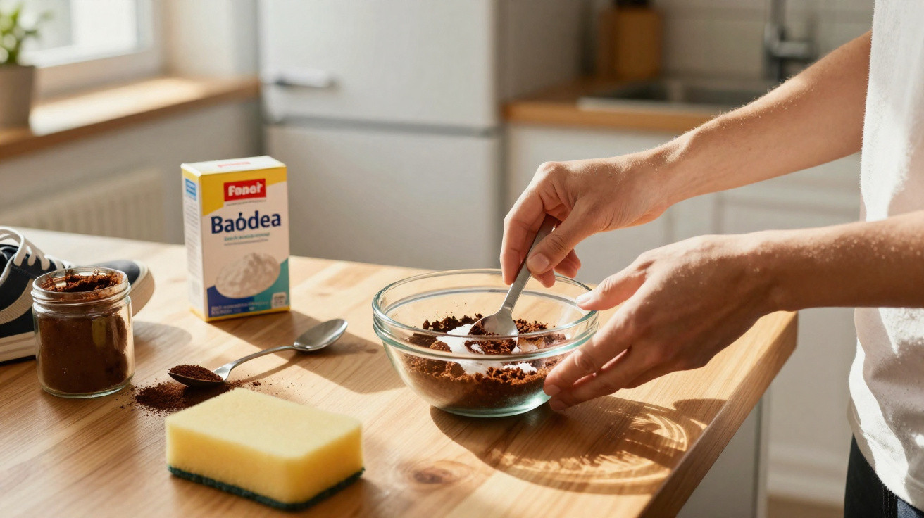 Pessoa a misturar borra de café num recipiente de vidro em cima de uma mesa de madeira na cozinha.