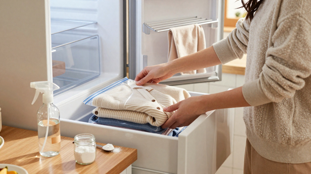 Pessoa a guardar camisola de malha num saco plástico dentro do congelador para proteger a roupa.