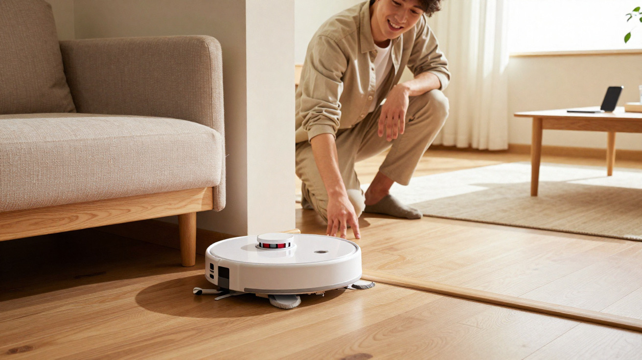 Pessoa sorridente controla robot aspirador num chão de madeira numa sala iluminada e moderna.