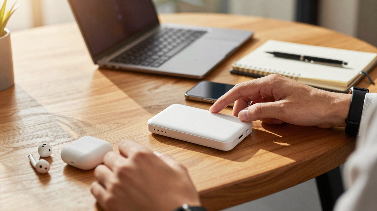 Mesa de escritório com power bank branco, auriculares, portátil, smartphone e mãos a interagir com o dispositivo.