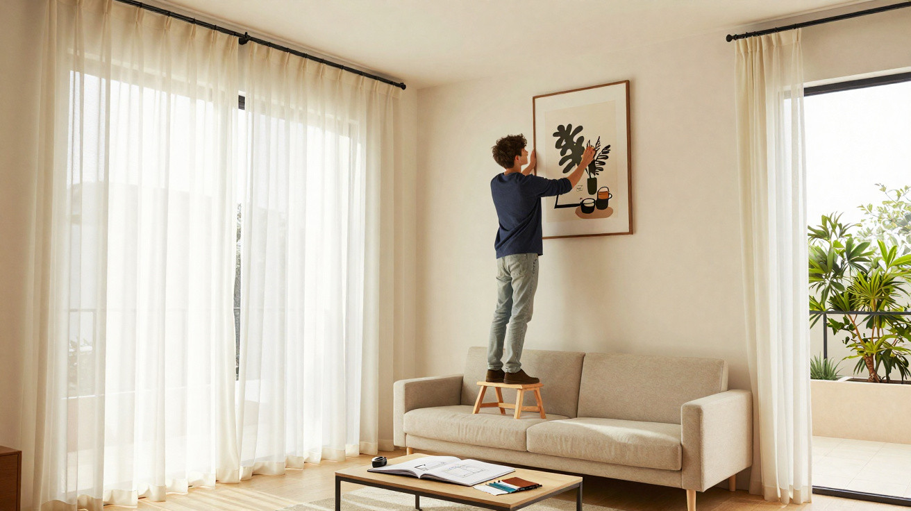 Criança em pé numa pequena escada sobre um sofá, a pendurar um quadro numa sala luminosa e arejada.