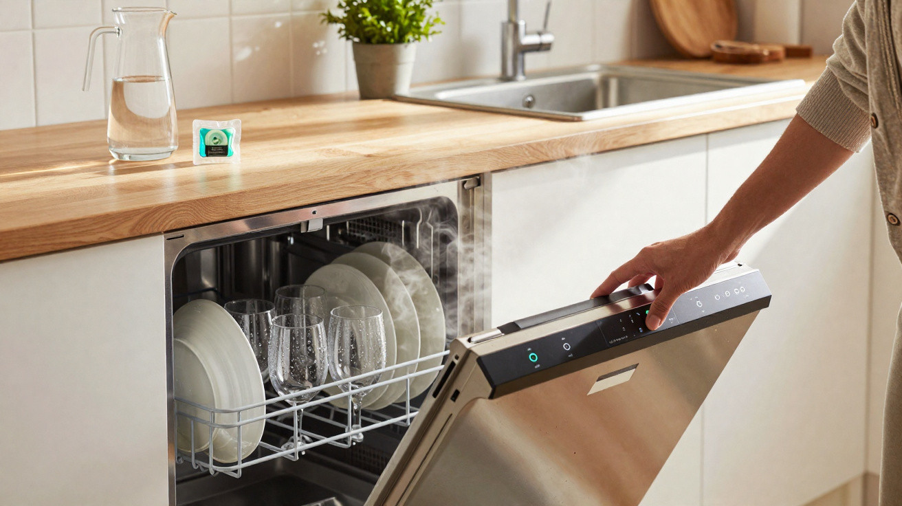 Pessoa a abrir máquina de lavar loiça inox com pratos e copos numa cozinha moderna com bancada de madeira.