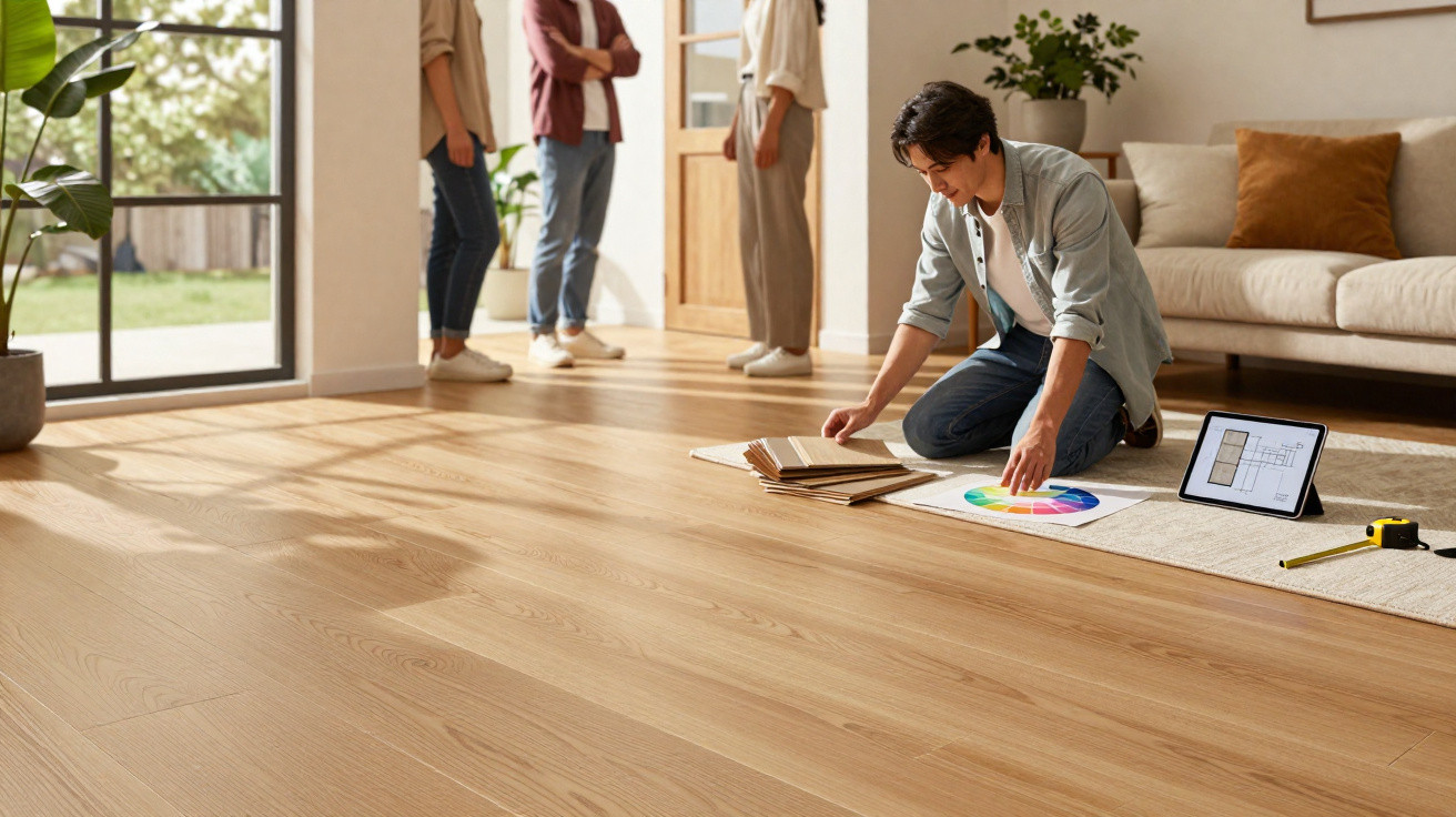 Pessoa sentada no chão com amostras de cor e plantas, enquanto três pessoas conversam ao fundo numa sala luminosa.