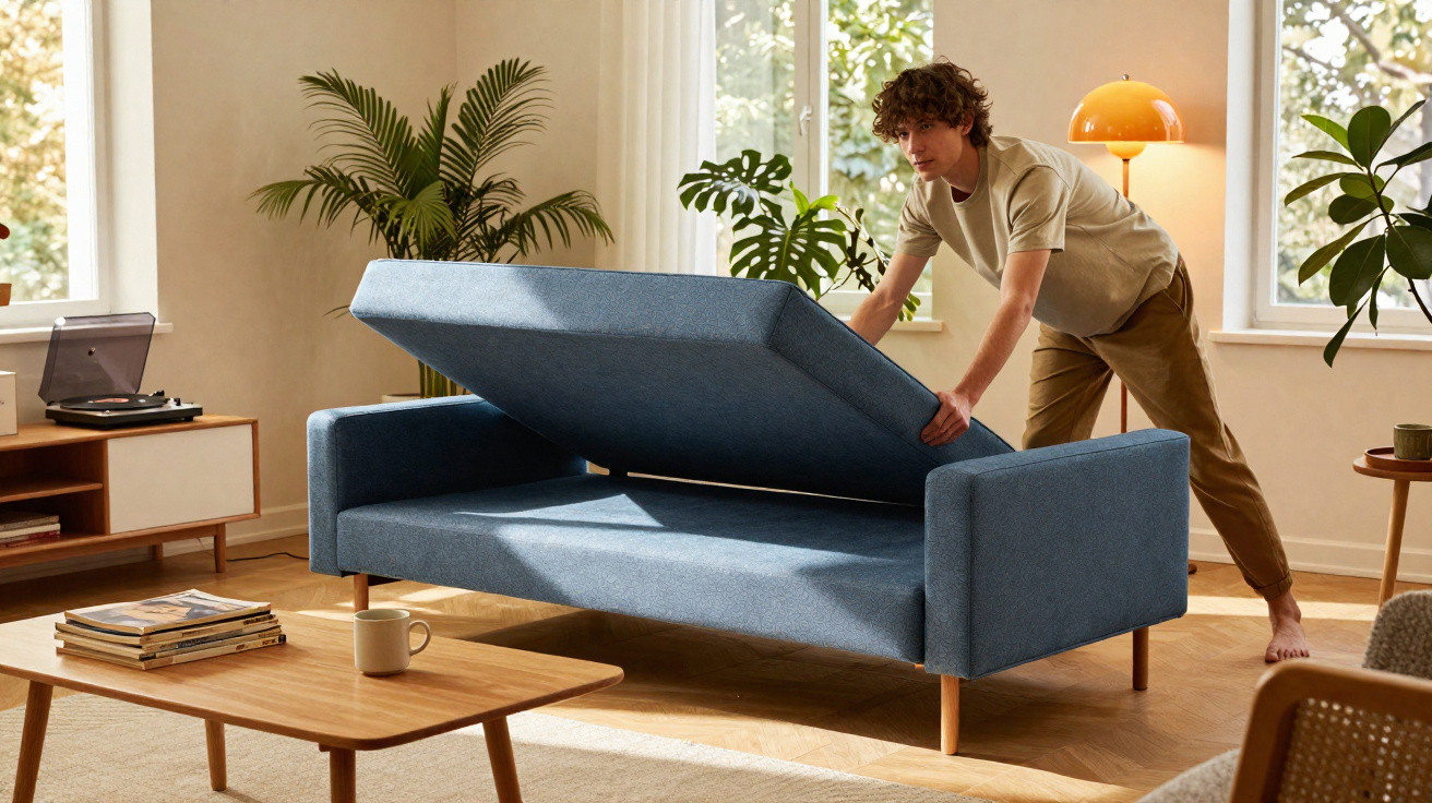Homem a levantar o assento de um sofá azul transformável numa sala com plantas e mobília de madeira.
