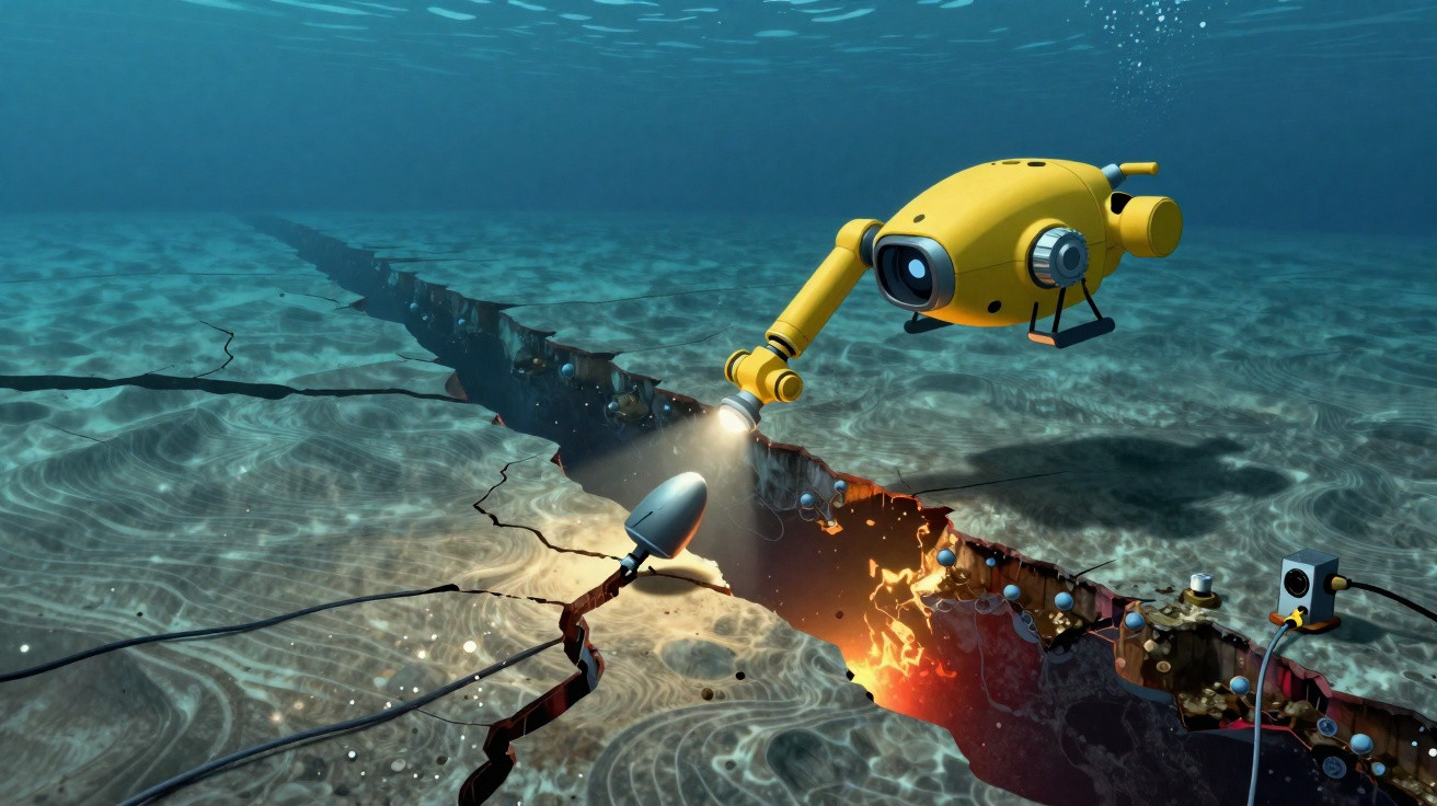 Robo subaquático amarelo a examinar uma fenda vulcânica no fundo do mar com luz.