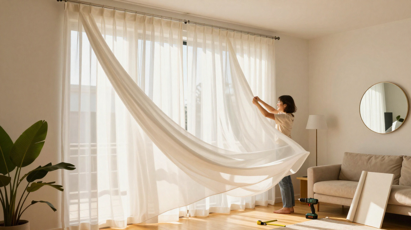 Mulher a pendurar cortinas brancas transparentes numa sala moderna com sofá, planta e espelho redondo.