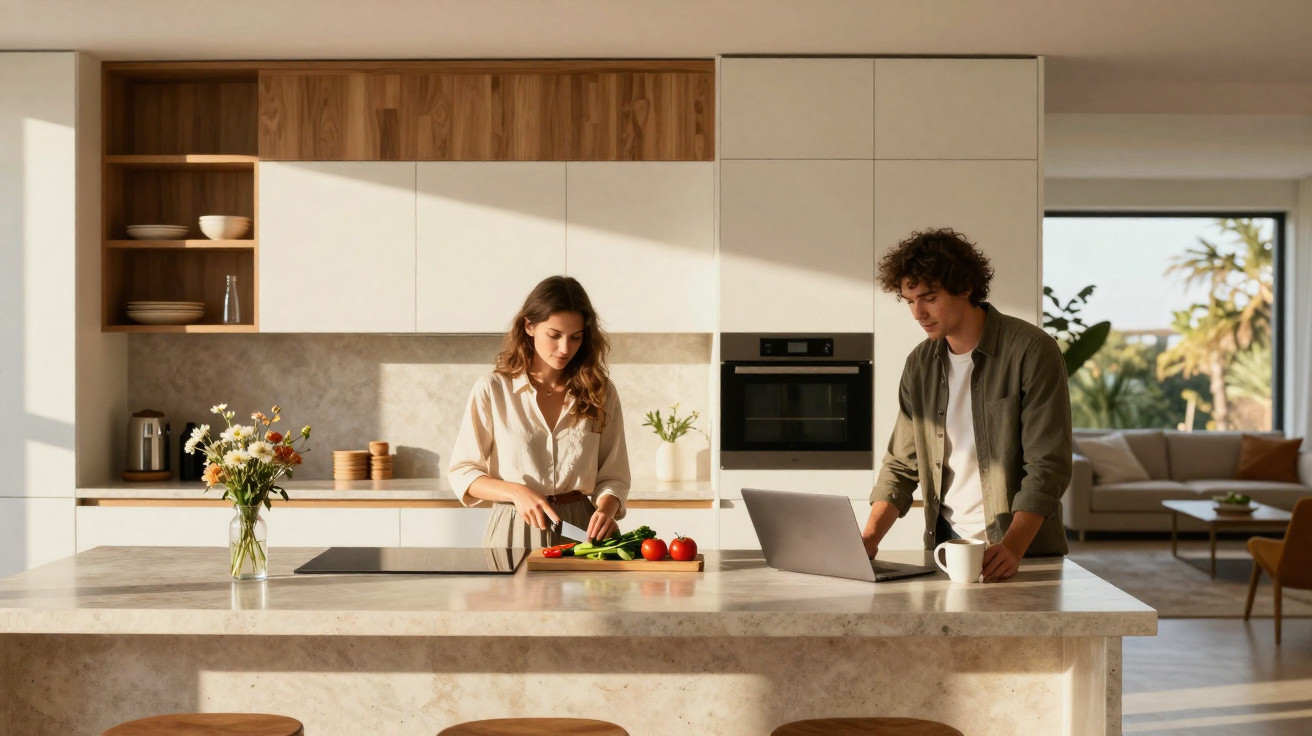 Casal jovem prepara legumes na cozinha moderna com laptop e janela a iluminar a sala de estar.
